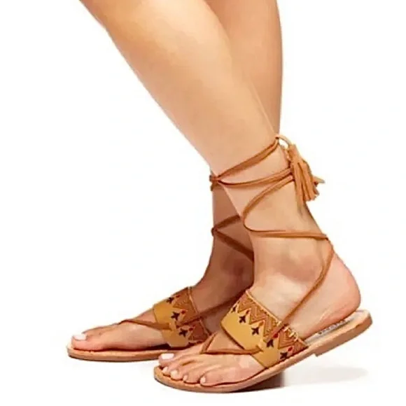 Soludos Embroidered Leather Lace-Up Sandals Tan - Picture 2 of 8